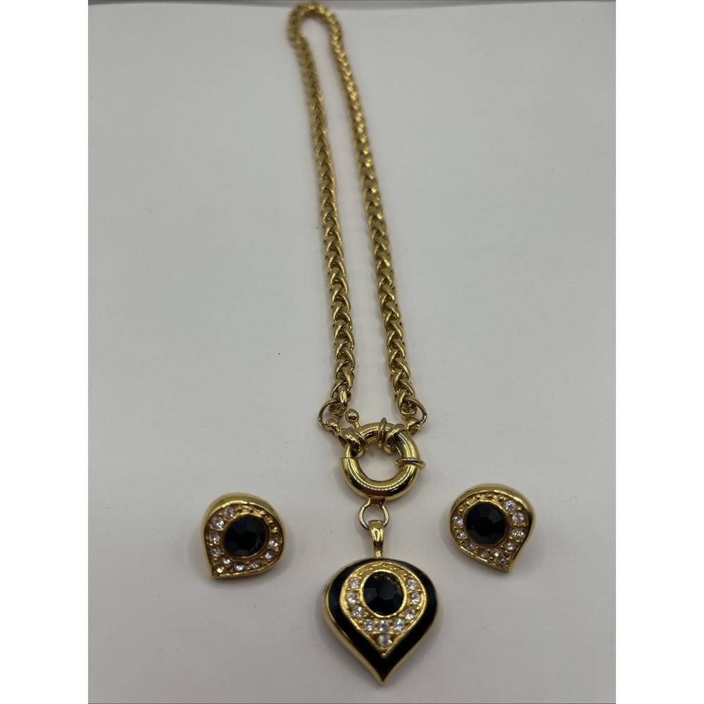 Black Enamel Rhinestone Fob‎ Style Pendant Spigia Gold Chain Necklace & Earrings